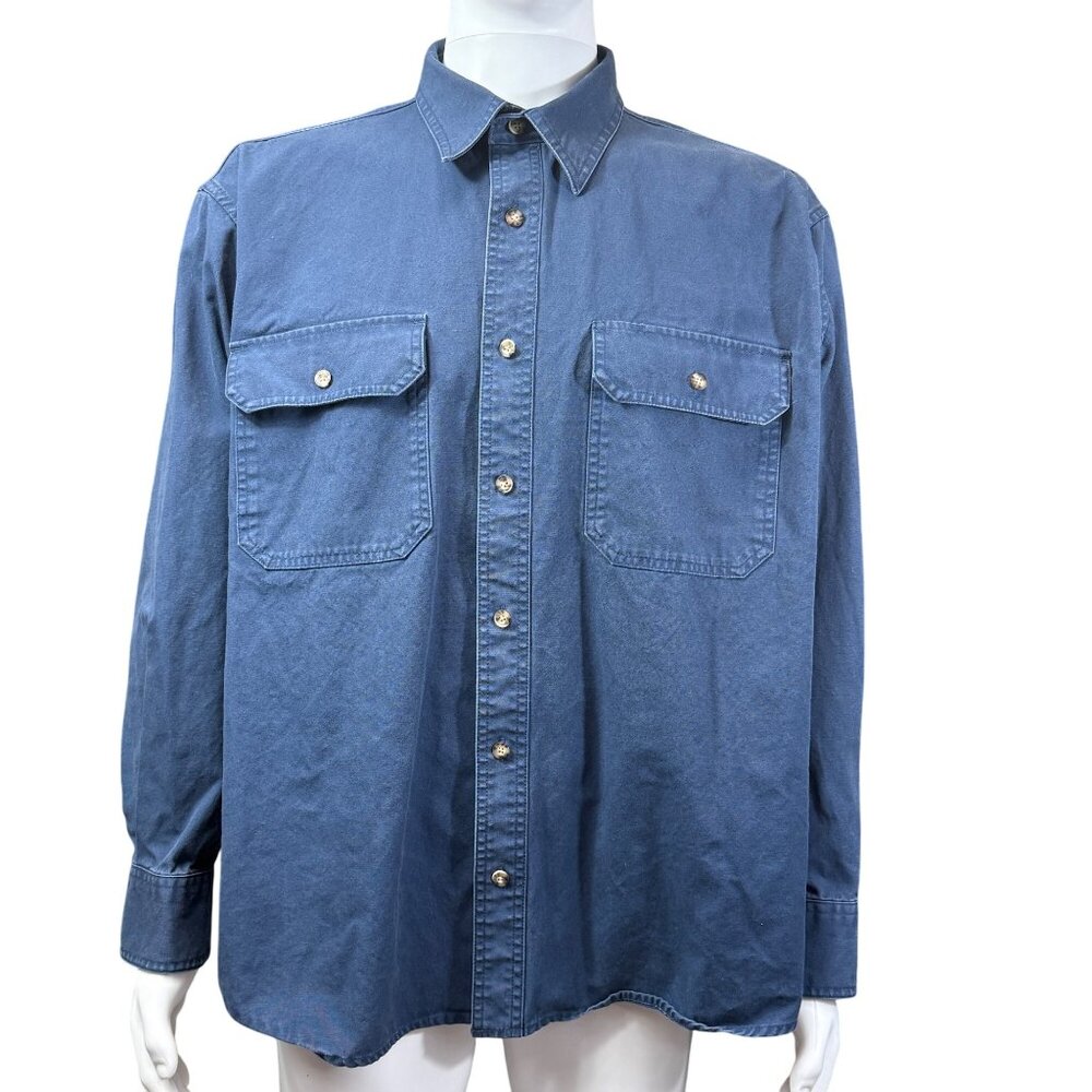 Cabelas Mens Long-Sleeve Button-Up Shirt Denim Blue Size L 100% Cotton Two Pocke